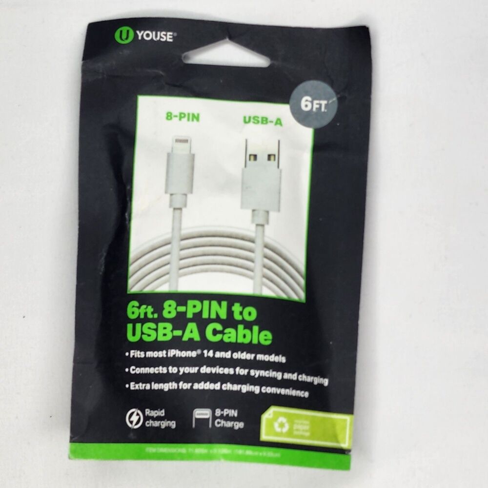 U Youse 10Ft. 8 Pin to USB-A Cable - White